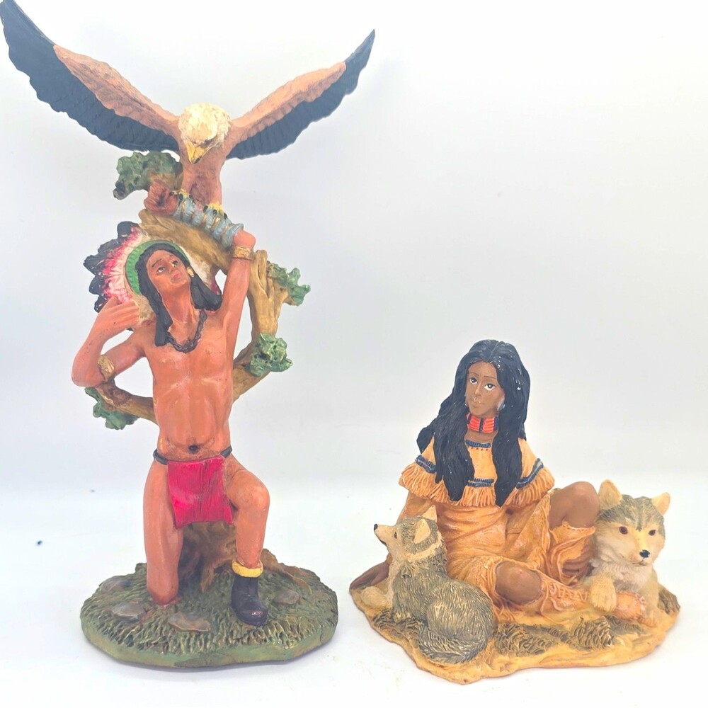 Native American Figurines Lot 2 Man w/ Eagle & Seated Woman w/ Wolf/Dog